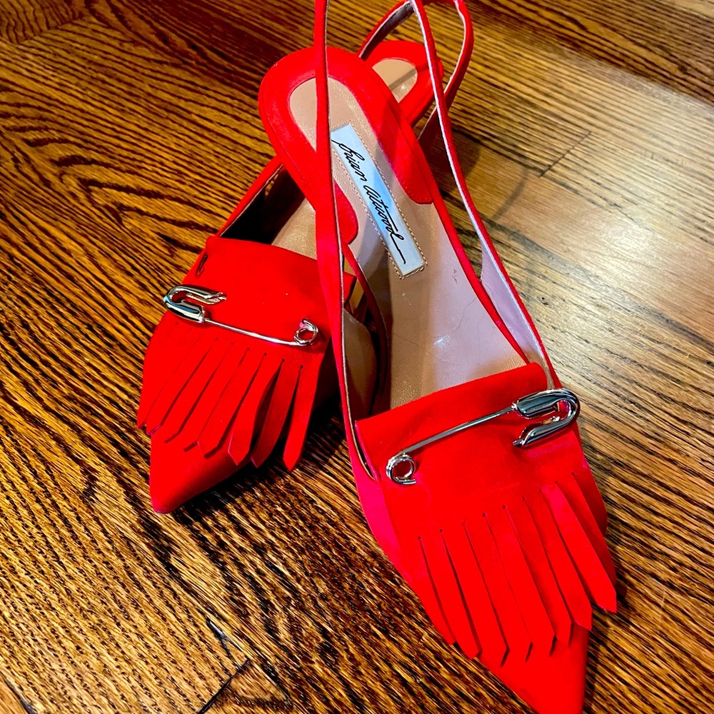 Brian Atwood bright red suede sling back shoes